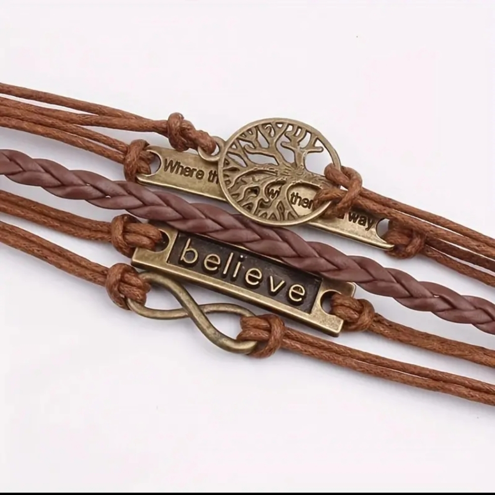 Handmade Vintage Leather Tree Of Life Antique Bronze Unisex BELIEVE Bracelet. - Picture 5 of 6